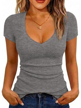 〽️Women Dark Gray Cap Short Sleeve V-Neck Ribbed Casual Summer Slim Fit T-Shirt